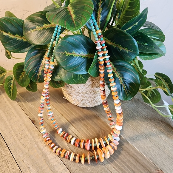 Navajo Helen Little Turquoise & Spiny Oyster Heishi 25" Double Strand Necklace - Picture 3 of 14